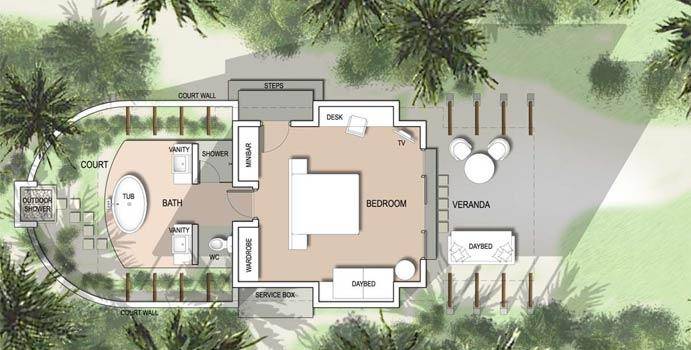 Fushifaru Maldives, Beach Villa Sunset, halboffenes Badezimmer, Grundriss