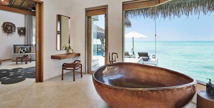 Badezimmer, Three Bedroom Water Sunset Villa, Fairmont Maldives Sirru Fen Fushi