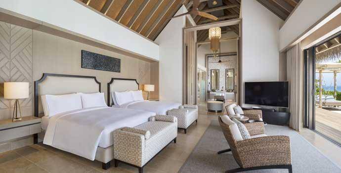 Schlafen,  Two Queen Bedded Beach Villa with Pool, Waldorf Astoria Maldives Ithaafushi