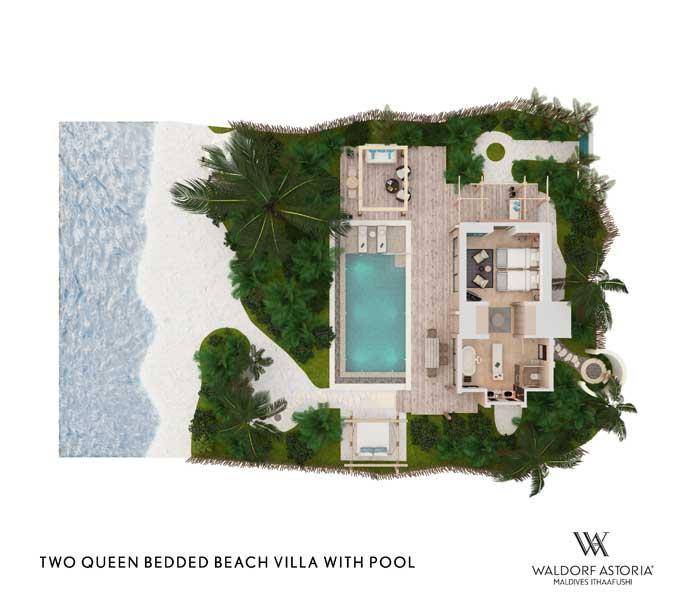 Grundriss, Two Queen Bedded Beach Villa with Pool, Waldorf Astoria Maldives Ithaafushi