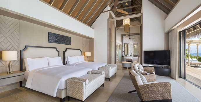 Schlafen,  Two Queen Bedded Grand Beach Villa with Pool, Waldorf Astoria Maldives Ithaafushi