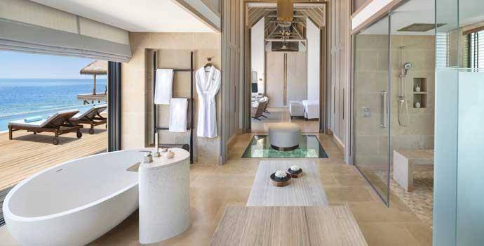 Bad,  Two Queen Bedded Grand Overwater Villa with Pool, Waldorf Astoria Maldives Ithaafushi