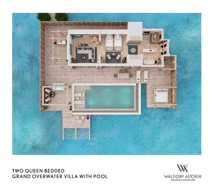 Grundriss, Two Queen Bedded Grand Overwater Villa with Pool, Waldorf Astoria Maldives Ithaafushi