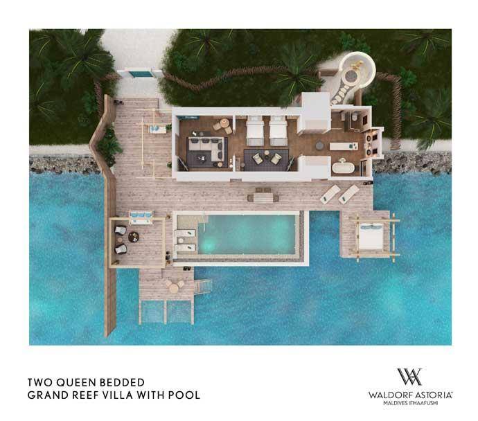 Grundriss, Two Queen Bedded Grand Reef Villa with Pool, Waldorf Astoria Maldives Ithaafushi