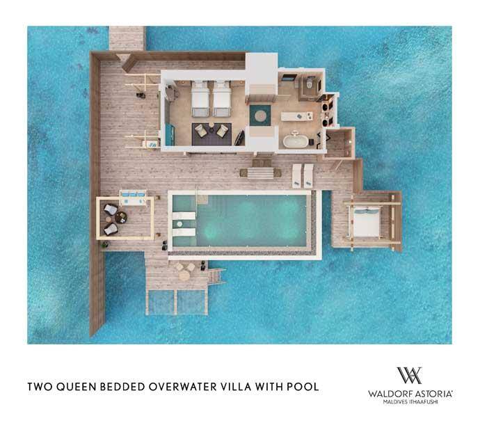 Grundriss, Two Queen Bedded Overwater Villa with Pool, Waldorf Astoria Maldives Ithaafushi