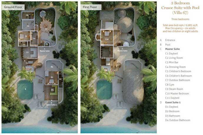 Grundriss Villa 67, 3 Bedroom Crusoe Suite with Pool, Three Bedroom Villa Suite with Pool, Soneva Fushi Resort