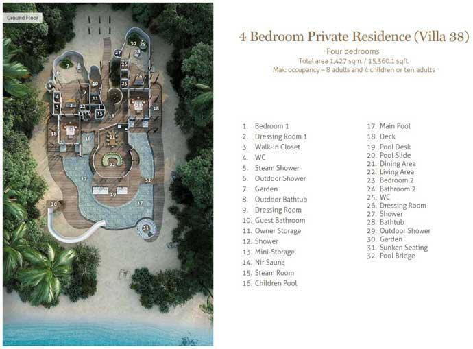 Grundriss Erdgeschoss, Villa 38, Four Bedroom Residence with Pool, Soneva Fushi Resort