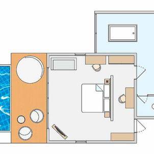 Grundriss, Wasserbungalow mit Pool Sonnenuntergangseite, ROBINSON Club Noonu