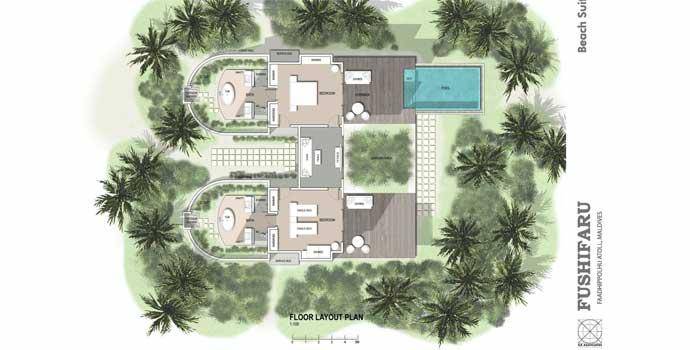 Fushifaru Maldives, Premium Beach Duplex Villa, Grundriss