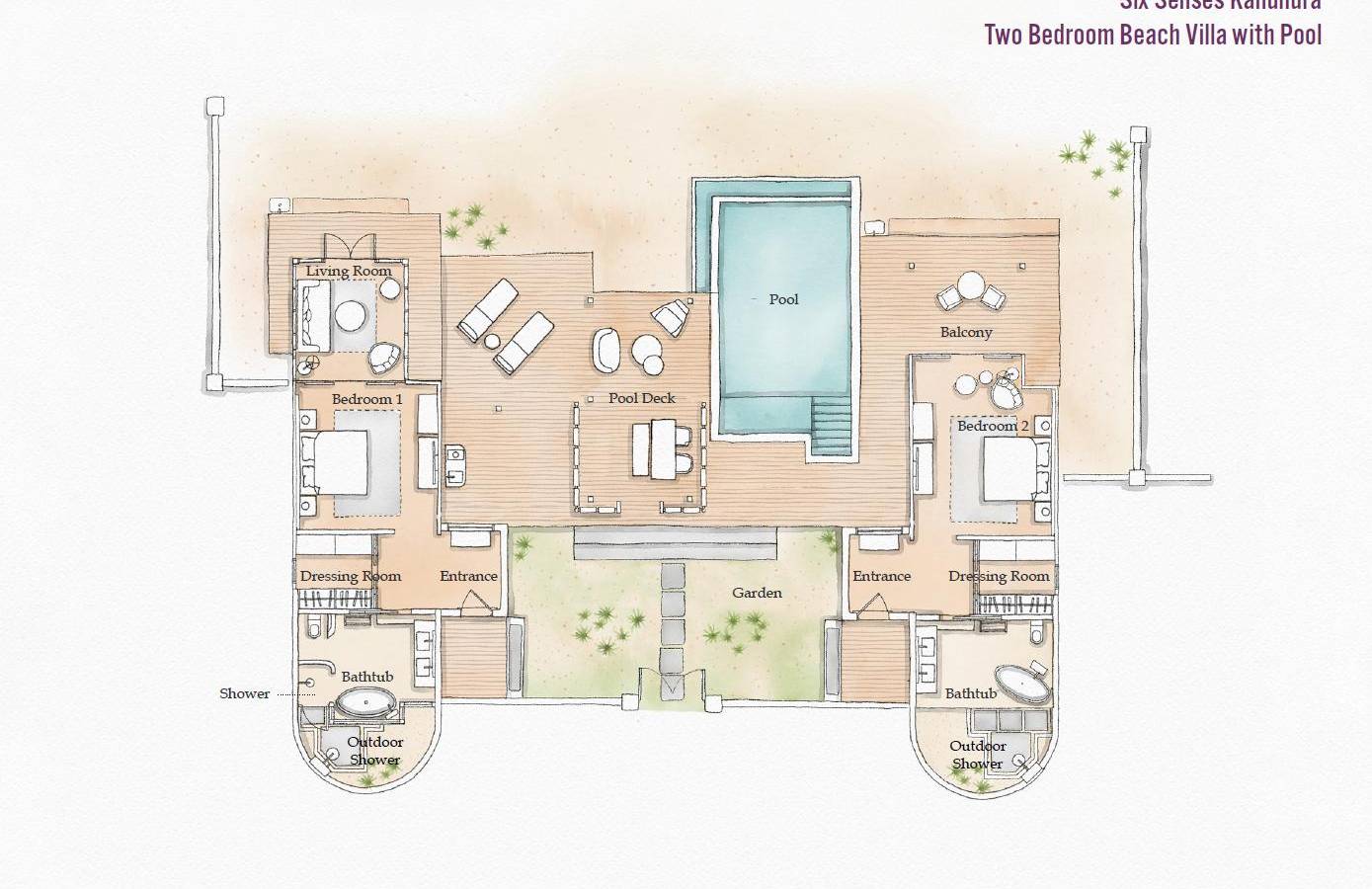 Six Senses Kanuhura, Two Bedroom Beach Villa with Pool, Grundriss