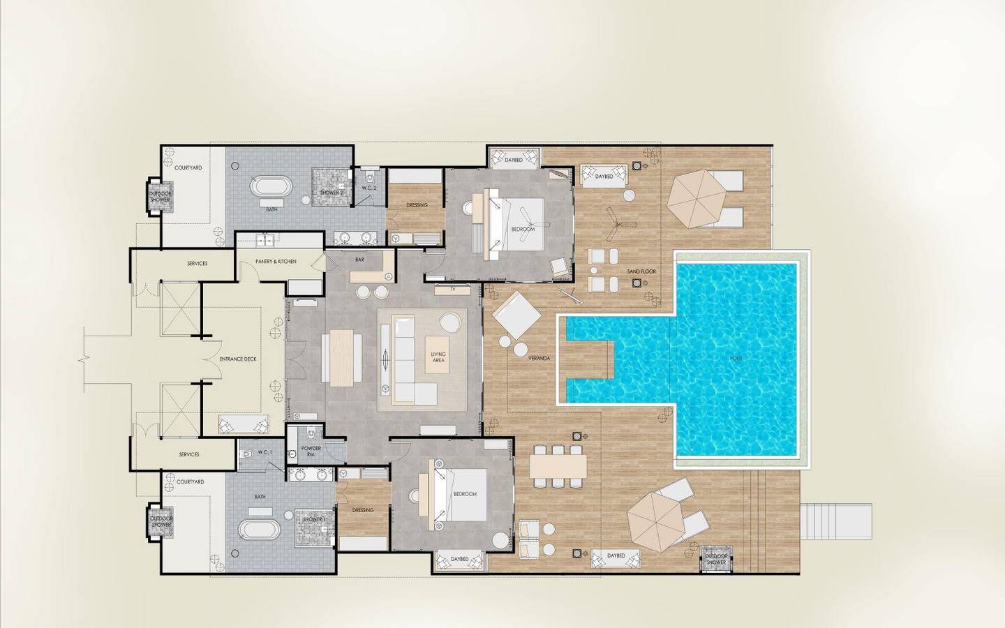 Seaside Finolhu, Baa Atoll, Maldives, Two Bedroom Ocean Pool Villa, Grundriss