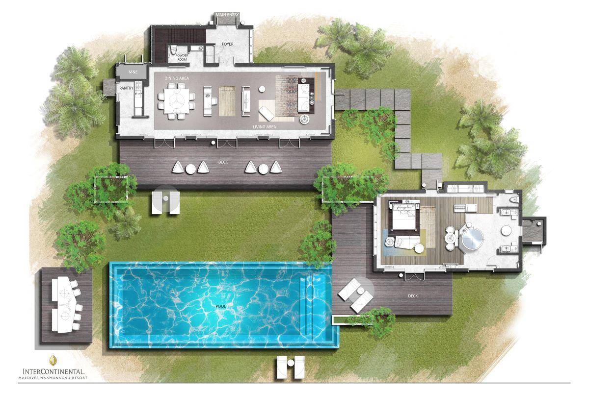 InterContinental Maldives Maamunagau Resort, Three Bedroom Lagoon Residence, Grundriss EG