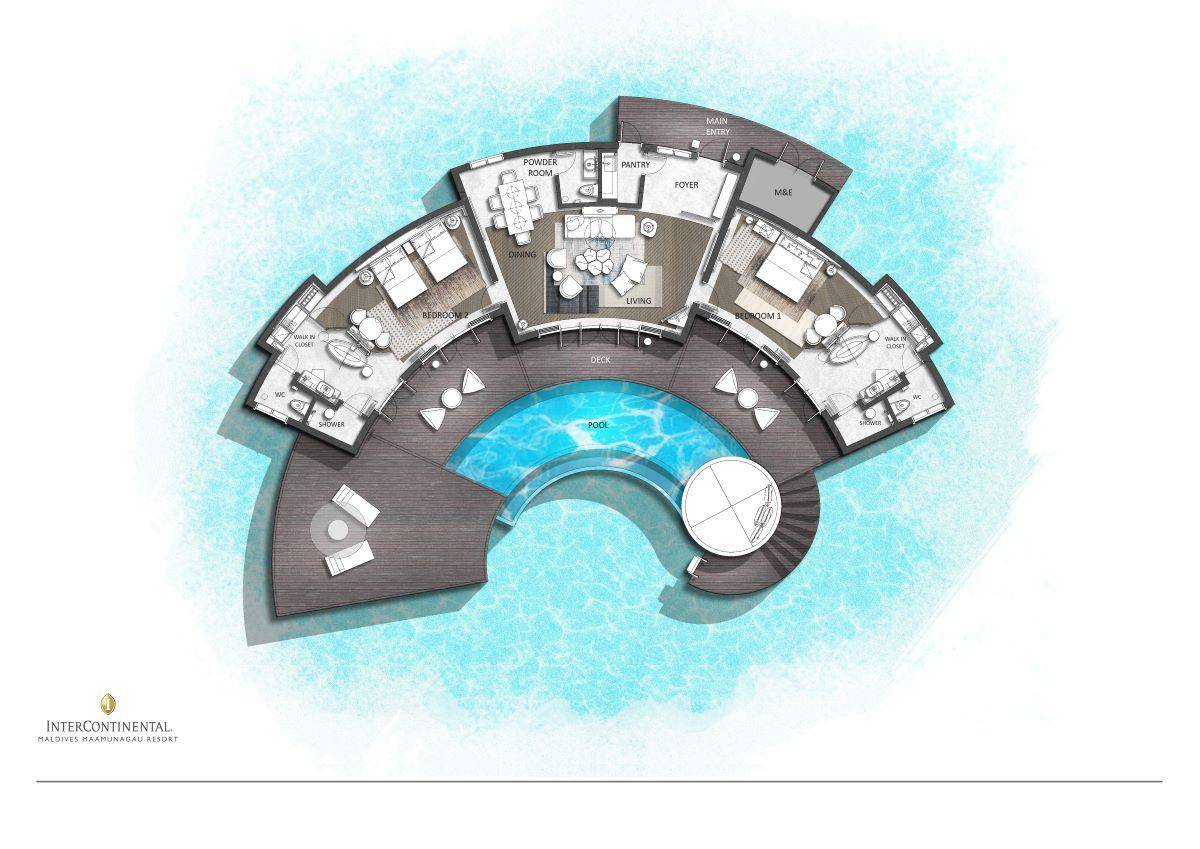 InterContinental Maldives Maamunagau Resort, Two Bedroom Overwater Pool Villa, Grundriss