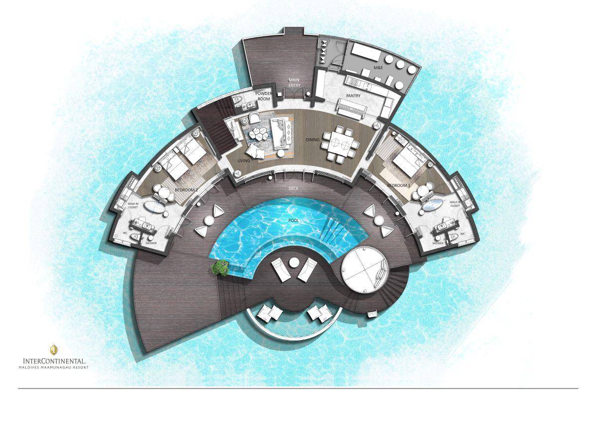 InterContinental Maldives Maamunagau Resort, Three Bedroom Overwater Pool Residence, Grundriss EG