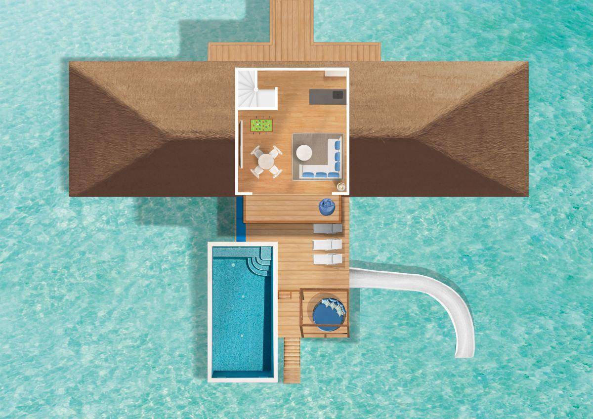 Cora Cora Maldives, Two Bedroom Family Lagoon Pool Villa, Grundriss 1. Stock, mit Rutsche