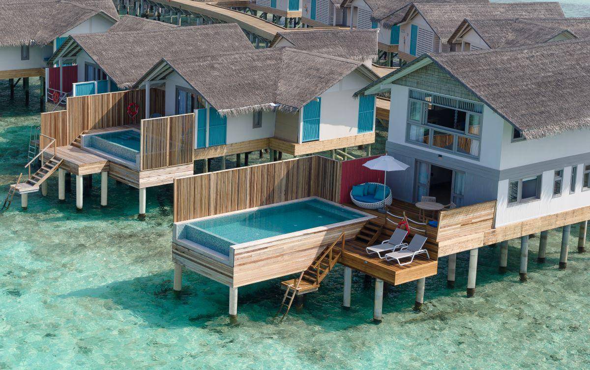 Cora Cora Maldives, Duplex Lagoon Pool Villa, Luftaufnahme von Wasservillen