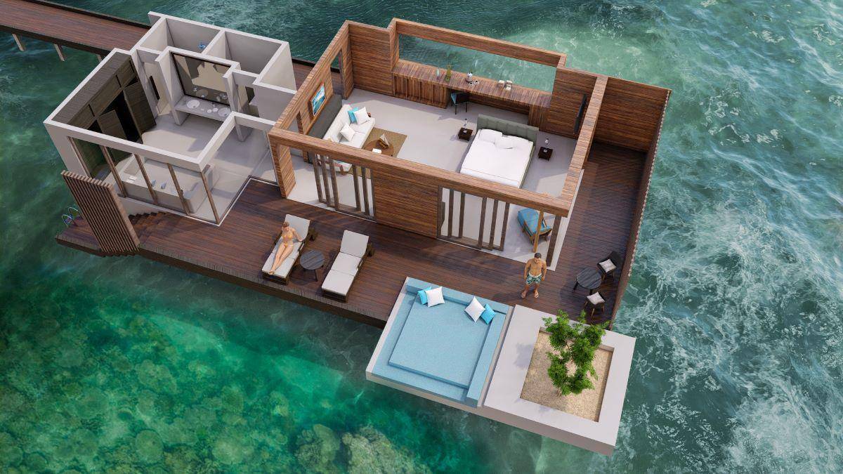 Park Hyatt Maldives Hadahaa, Overwater Villa, Grundriss von der Seite
