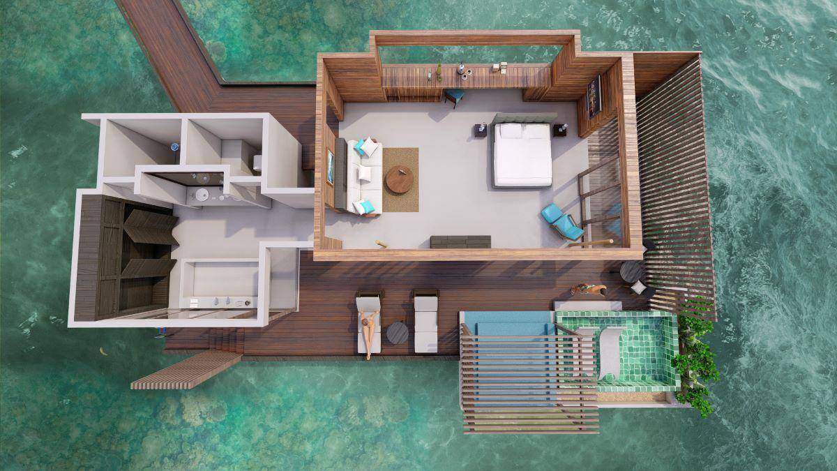 Park Hyatt Maldives Hadahaa, Overwater Sunset Pool Villa, Grundriss von oben