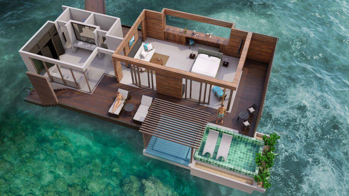 Park Hyatt Maldives Hadahaa, Overwater Sunset Pool Villa, Grundriss von der Seite