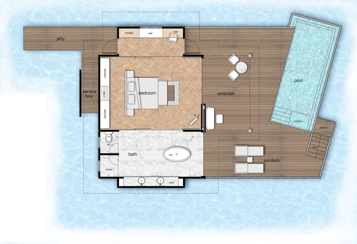 Outrigger Maldives Maafushivaru Resort, Malediven, 1 Bedroom Sunset Over Water Villa with Private Pool, Grundriss