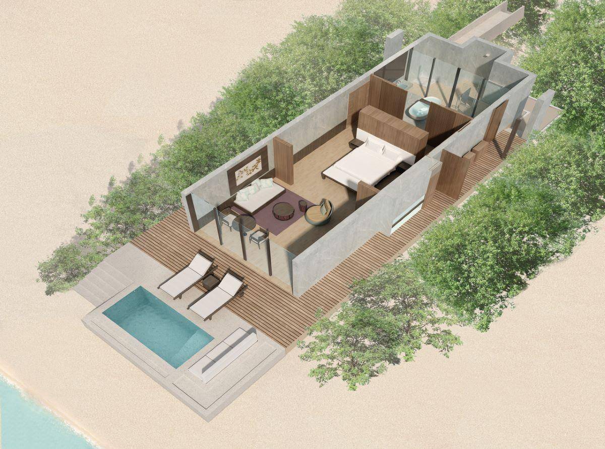 The Westin Maldives Miriandhoo Resort, Malediven, Deluxe Beach Villa Pool, 3D Grundriss