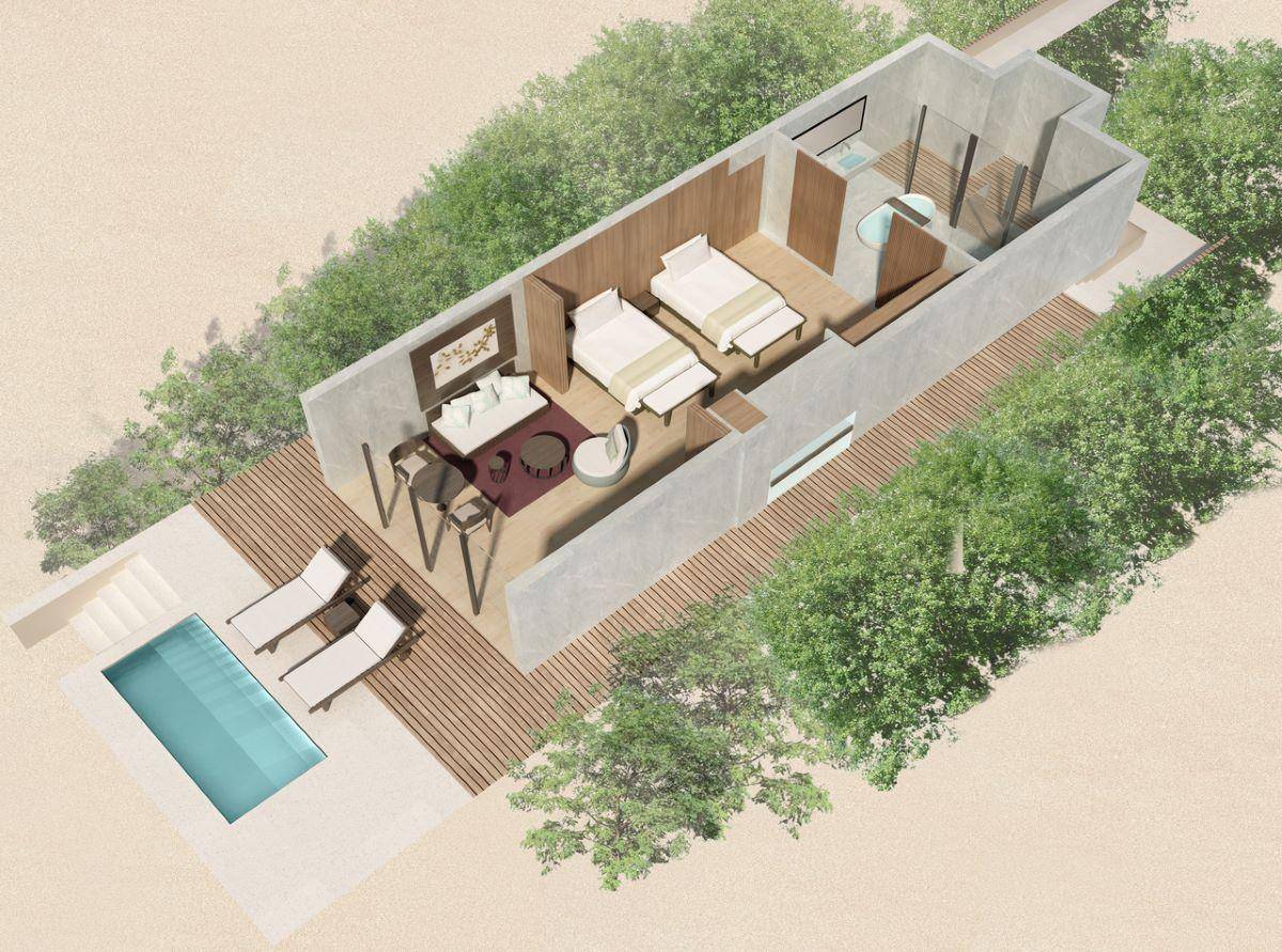 The Westin Maldives Miriandhoo Resort, Malediven, Family Deluxe Beach Villa Pool, 3D Grundriss
