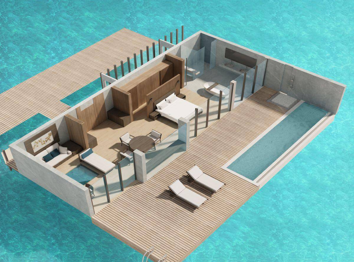 The Westin Maldives Miriandhoo Resort, Malediven, Overwater Villa Pool, 3D Grundriss