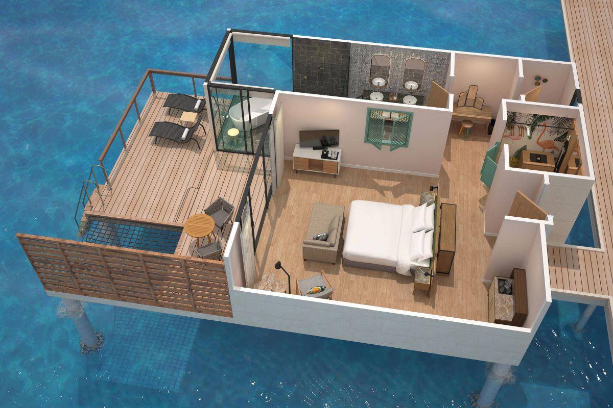 Le Méridien Maldives Resort & Spa, Malediven, Sunset Overwater Villa, Grundriss