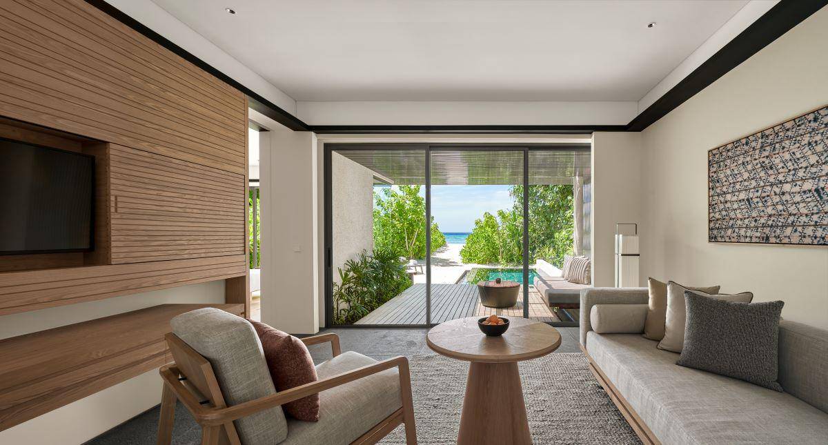 Alila Kothaifaru Maldives, Malediven Sunset Beach Pool Villa, Wohnzimmer