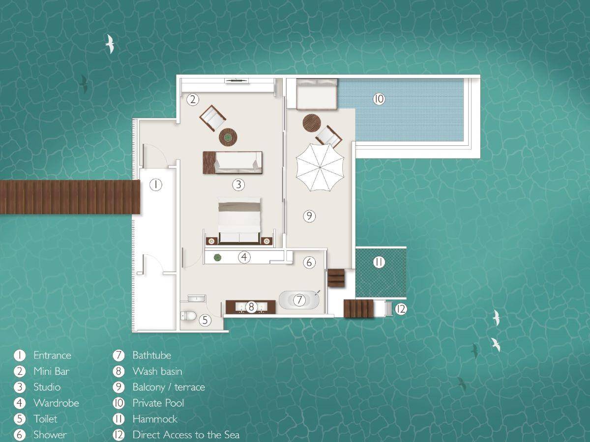 Alila Kothaifaru Maldives, Malediven, Sunset Overwater Pool Villa, Grundriss