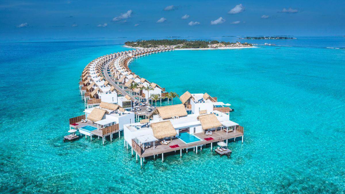 Emerald Maldives Resort & Spa, Malediven, Presidential Water Villa, Luftaufnahme Wasservillen
