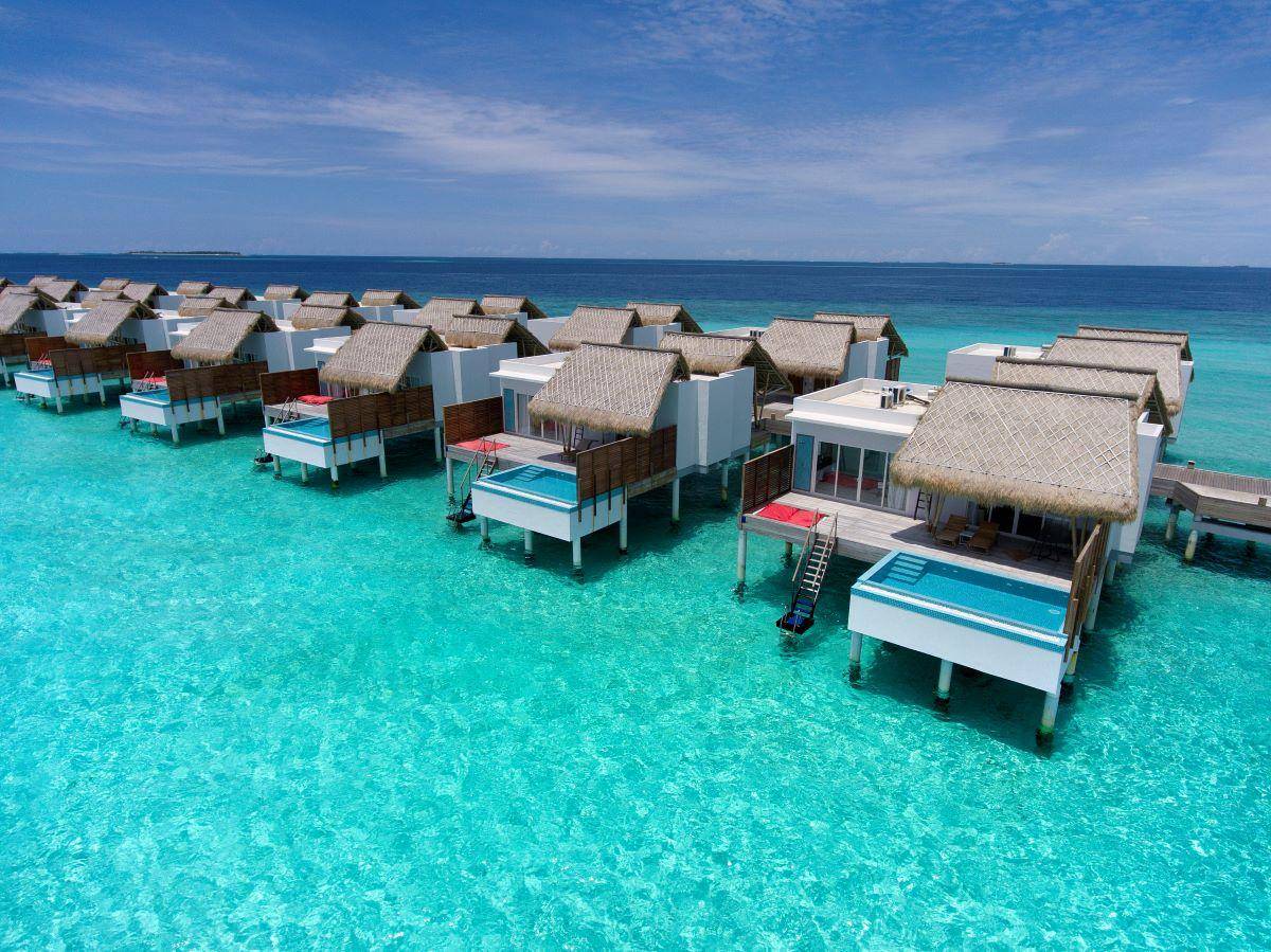 Emerald Maldives Resort & Spa, Malediven, Water Villa with Pool, Luftaufnahme Wasservillen