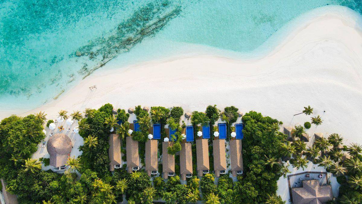 Reethi Faru Resort, Malediven, Deluxe Beach Pool Villa, Luftaufnahme