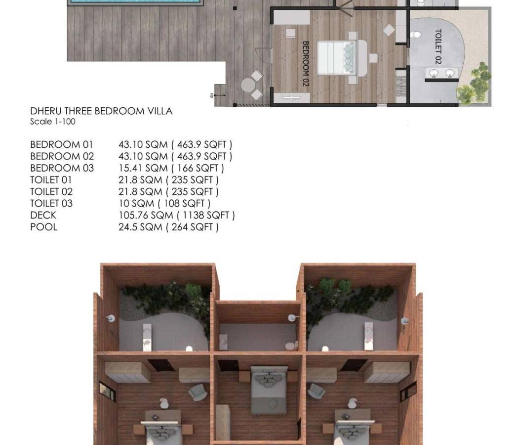 Jawakara Islands Maldives, Malediven, Dheru Three Bedroom Villa, Grundriss