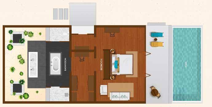 Sunset Beach Villa mit Pool, Floorplan, Atmosphere Kanifushi Maldives 