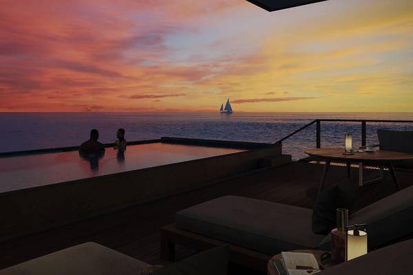 Veligandu Island Resort, Malediven, Sunset Ocean Pool Villa, Pool bei Sonnenuntergang