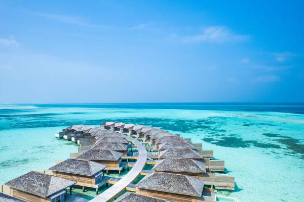 Jawakara Islands Maldives, Malediven, Mabin Water Pool Villa, Luftaufnahme Wasservillen