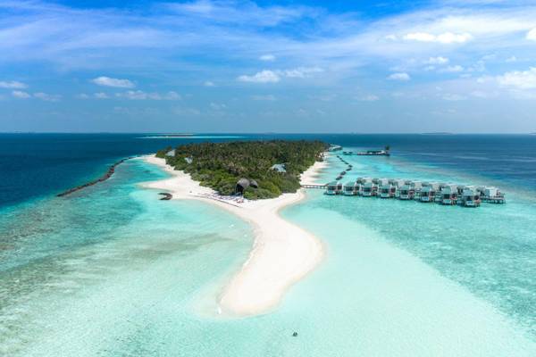 Dhigali Maldives, Insel, Drohneaufnahme, Water Villas